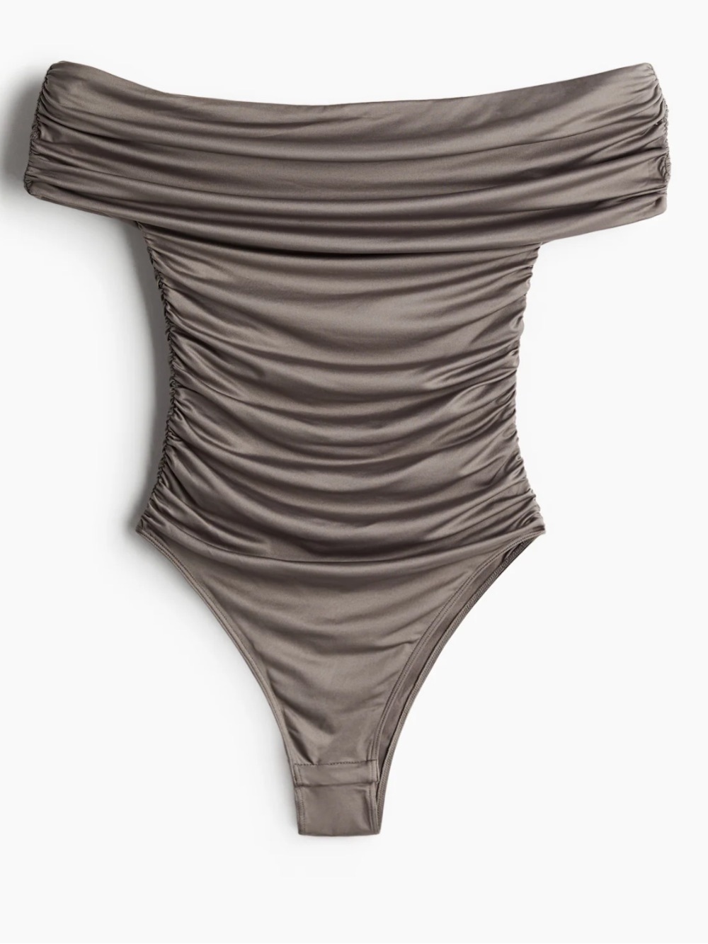 H&M Off-Shoulder Ruched Bodysuit in Taupe Gray